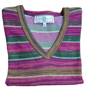 St.John Sport By Marie Gray Striped Santana Knit Top Deep Pink Green Yellow Sz L